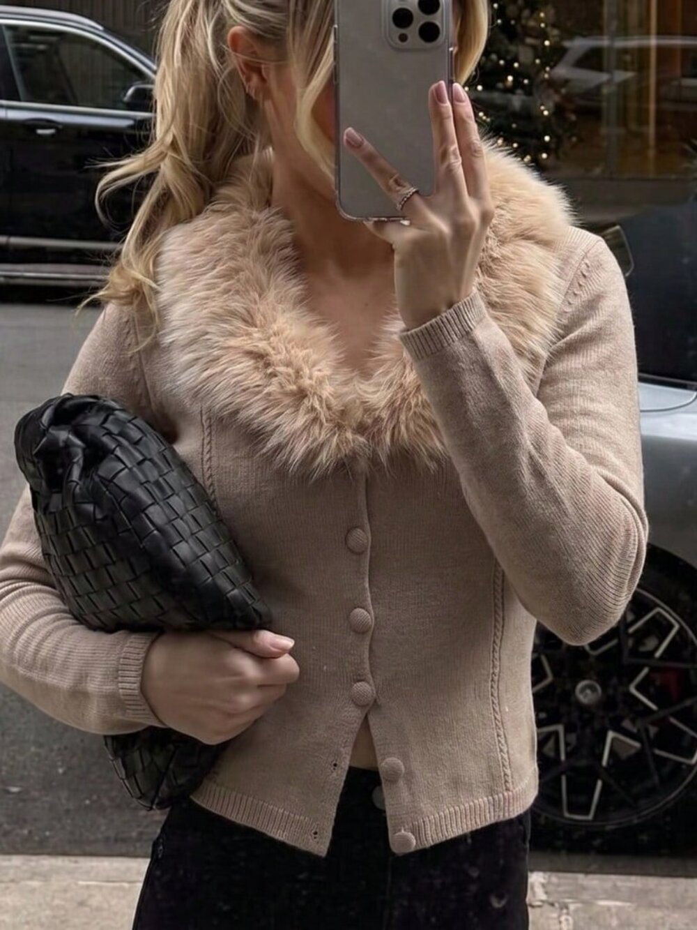 Khaki Slim Fit Women's Contrast Faux Fur V-Neck Knitted Cardigan